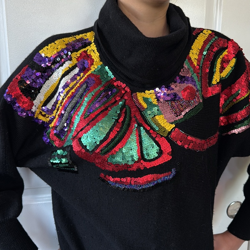 VINTAGE 80s signed Semplice sequin embellished black cowl neck tunic sweater L